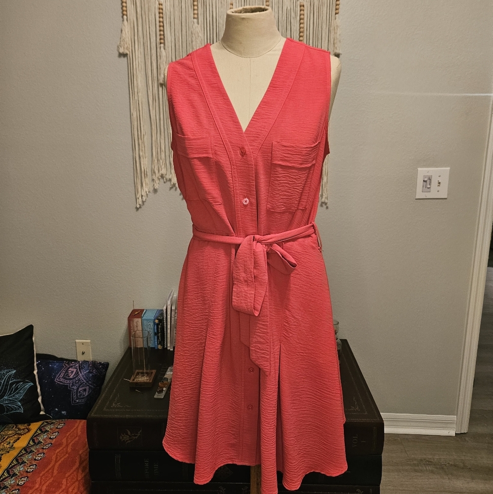 DKNY Belted Button Up Dress With Pockets